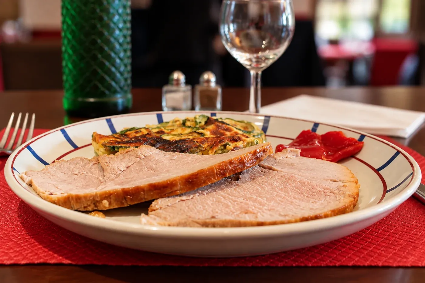 Rôti de porc, gratin de légumes et piquillos, servi dans une assiette à liseré bleu